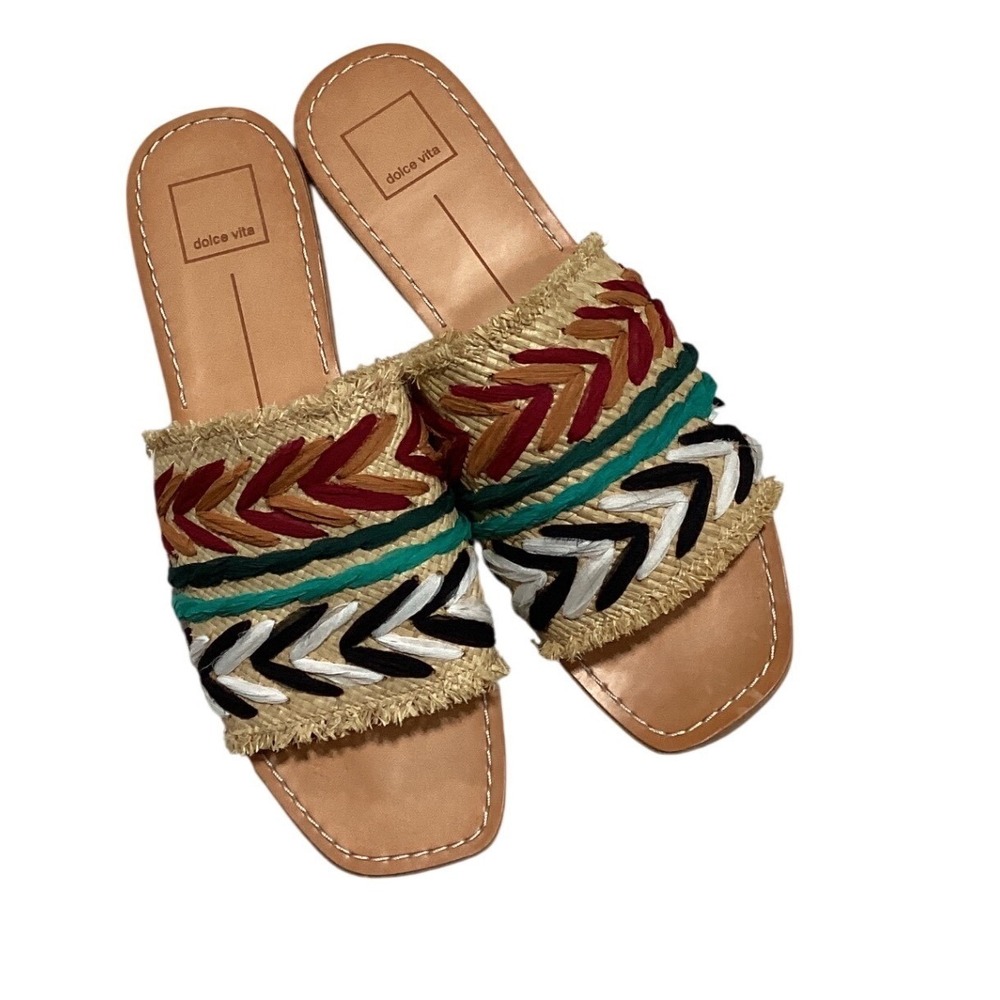 Dolce Vita Womens Embroidered Raffia Slide Sandals Square Toe Boho SZ 10